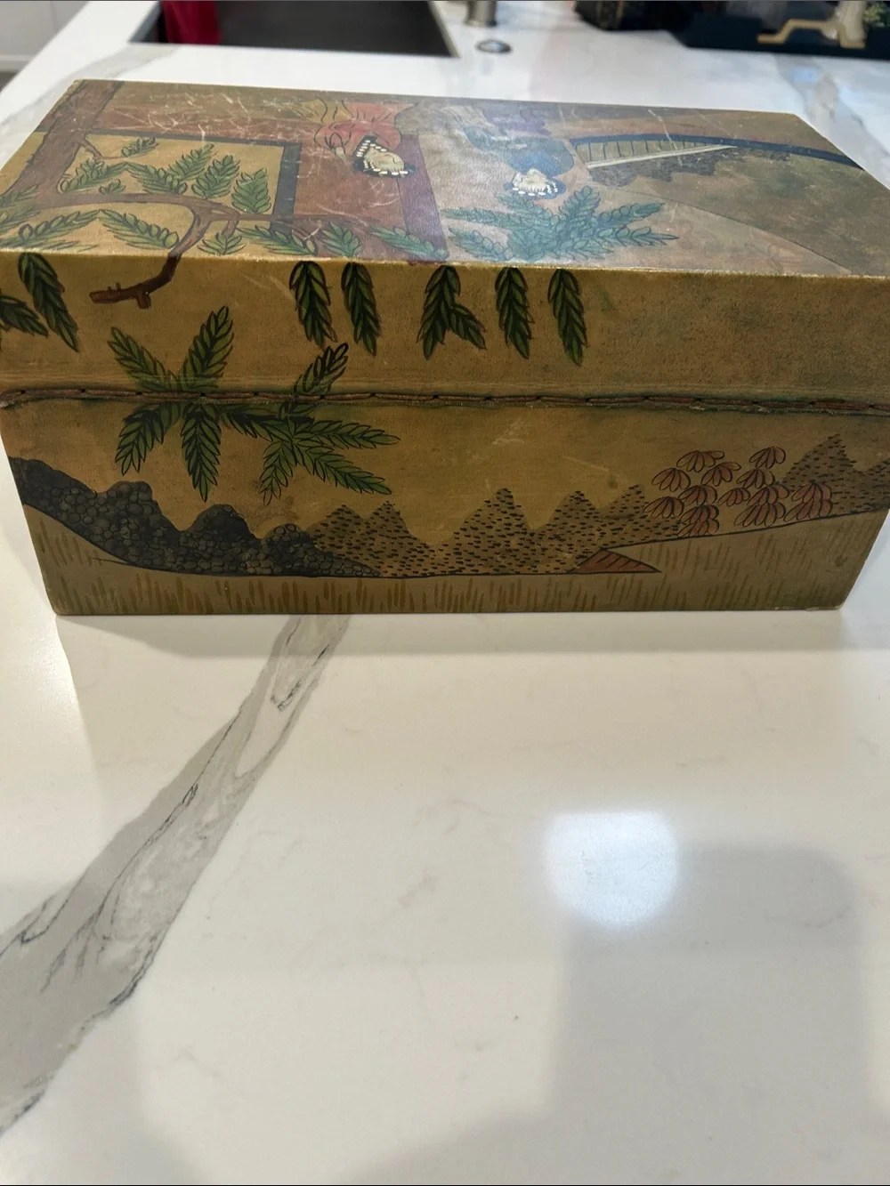 19th Century Chinese Chest Hand-Painted Wooden & Leather